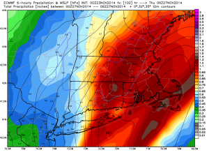 The ECMWF model has heavy precipitation Wednesday evening. Notice the 35 and 32 degree contours well inland.