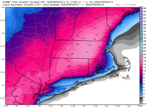 The snow algorithm used to create this map has some issues. Based on the temperature, there is no way a foot of snow would accumulate just west of the I-95 corridor. In the Berkshires, maybe, but not in RI or E MA.