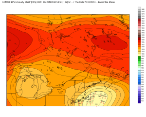 The different low pressure tracks of the ECMWF Ensemble members. Most are too close to the coast for snow at this time of the year.